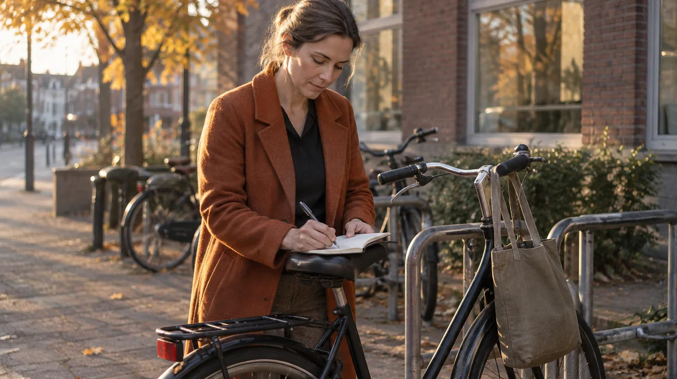 Vrouw in een roestoranje jas schrijft bij een fietsenrek voor een bakstenen kantoorgebouw in een klein notitieboek op haar fietszadel, in laag avondlicht.