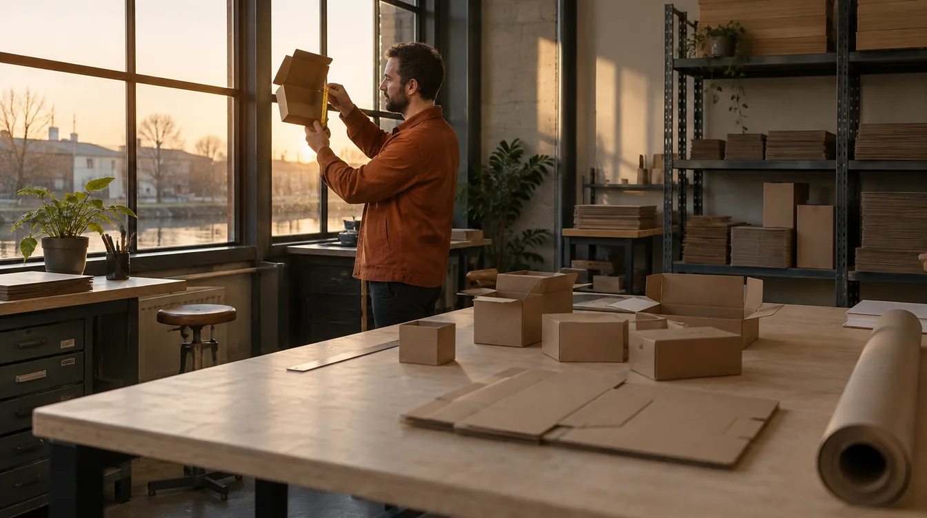 Werkplaats met blanco kartonnen doosprototypes op een houten tafel; bij het raam meet een man in een roestoranje jas een doos op.