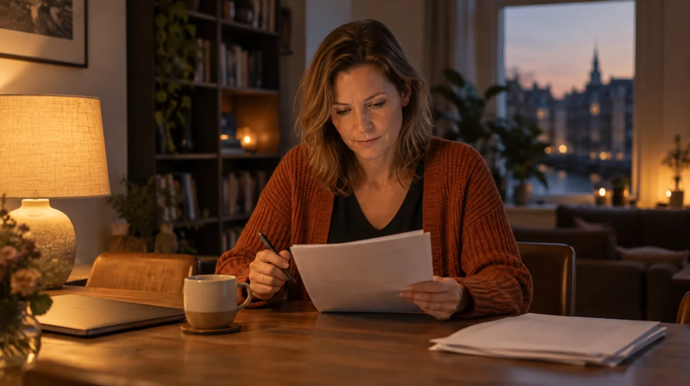 Vrouw in een oranje vest leest 's avonds aan een houten eettafel een geniet document met een pen in de hand, naast een dichte laptop en een amberkleurige lamp.
