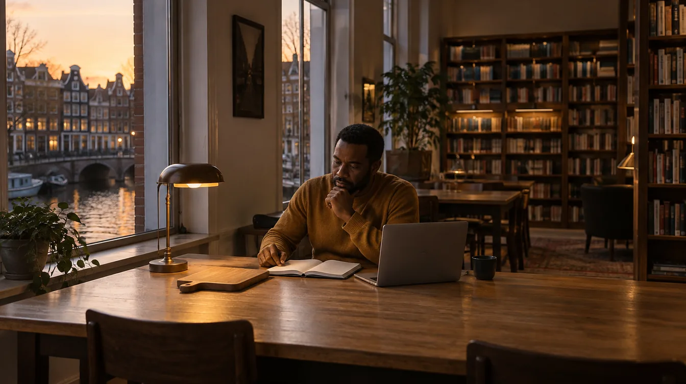 Man in een amberkleurige trui aan een lange eiken tafel in een stille bibliotheekleeszaal bij schemering, met een notitieboek, laptop en bamboe snijplank.