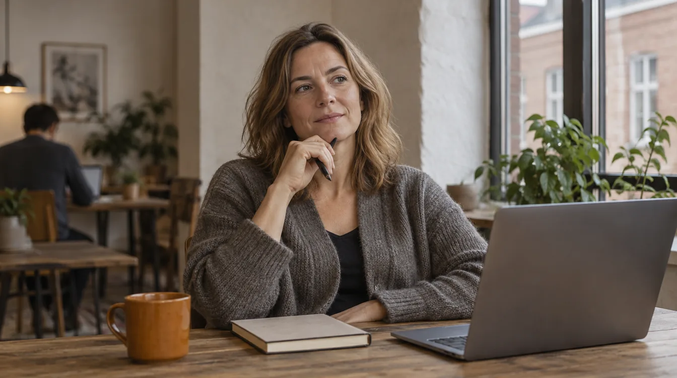 Vrouw in een grijs vest zit peinzend aan een houten tafel bij een hoog raam, met een dicht notitieboek, een laptop en een oranje mok.