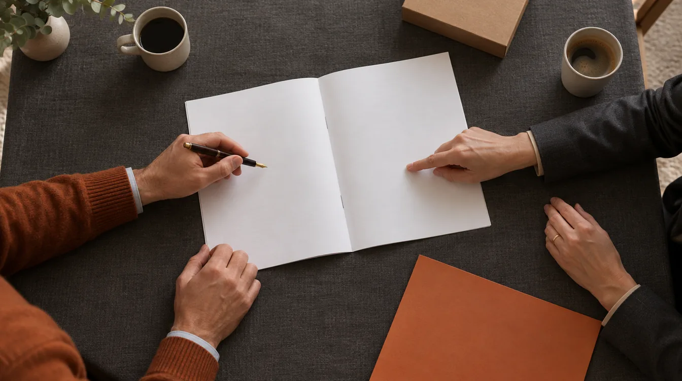 Bovenaanzicht van een donkere vergadertafel met een open blanco contract, een ongemerkte bruine doos, een oranje map en twee paar handen met een pen.