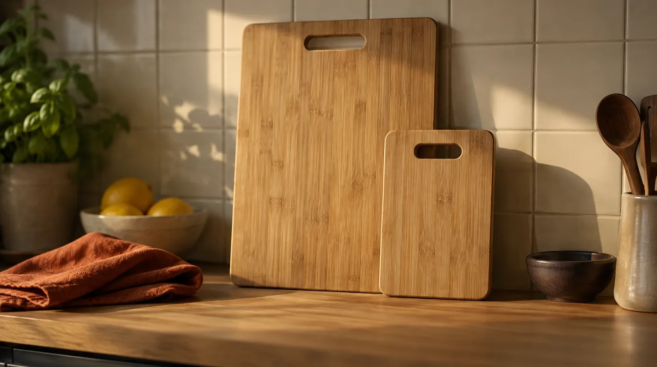 Twee ongemerkte bamboe snijplanken op een eiken aanrecht in laag middagzonlicht, met een oranje theedoek en een schaaltje citroenen.